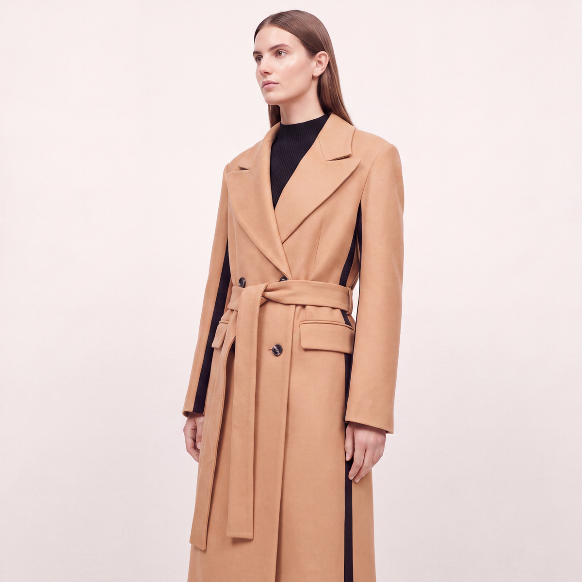Statement Two-Tone Camel Wrap Coat with Black Contrast Panels