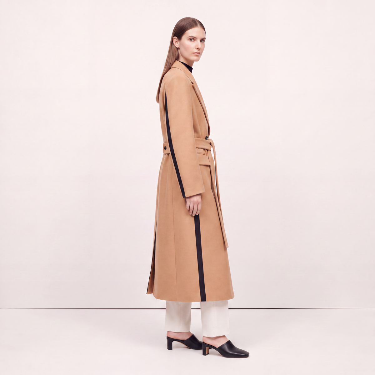 Statement Two-Tone Camel Wrap Coat with Black Contrast Panels