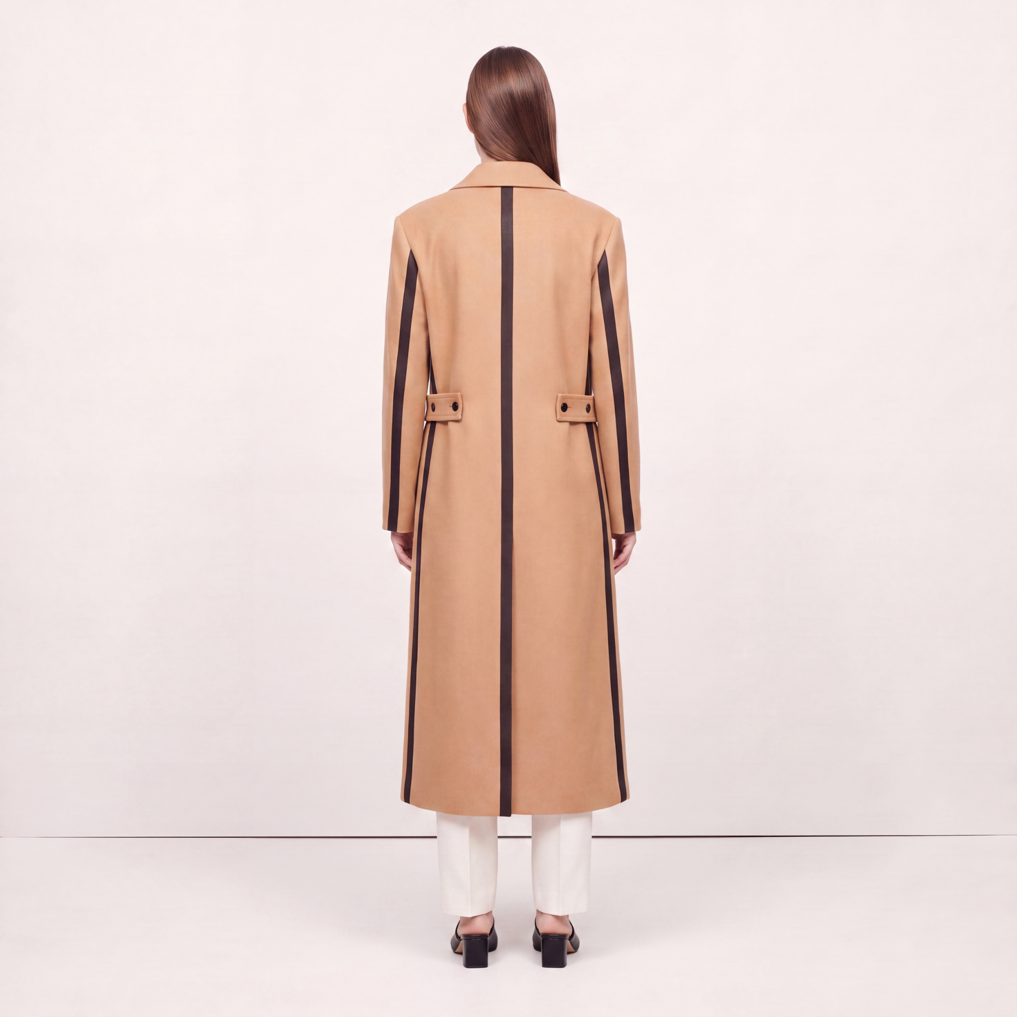 Statement Two-Tone Camel Wrap Coat with Black Contrast Panels