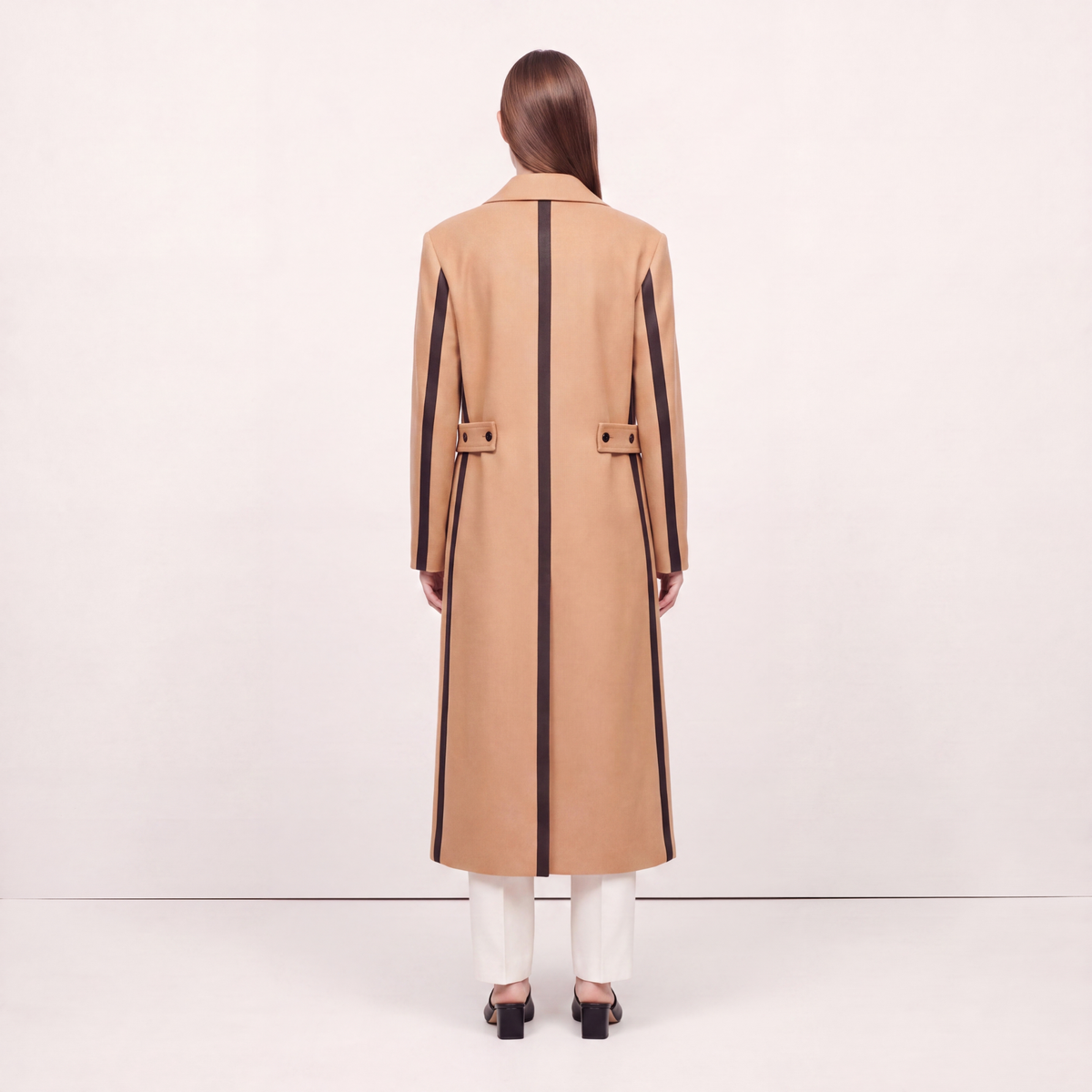 Statement Two-Tone Camel Wrap Coat with Black Contrast Panels