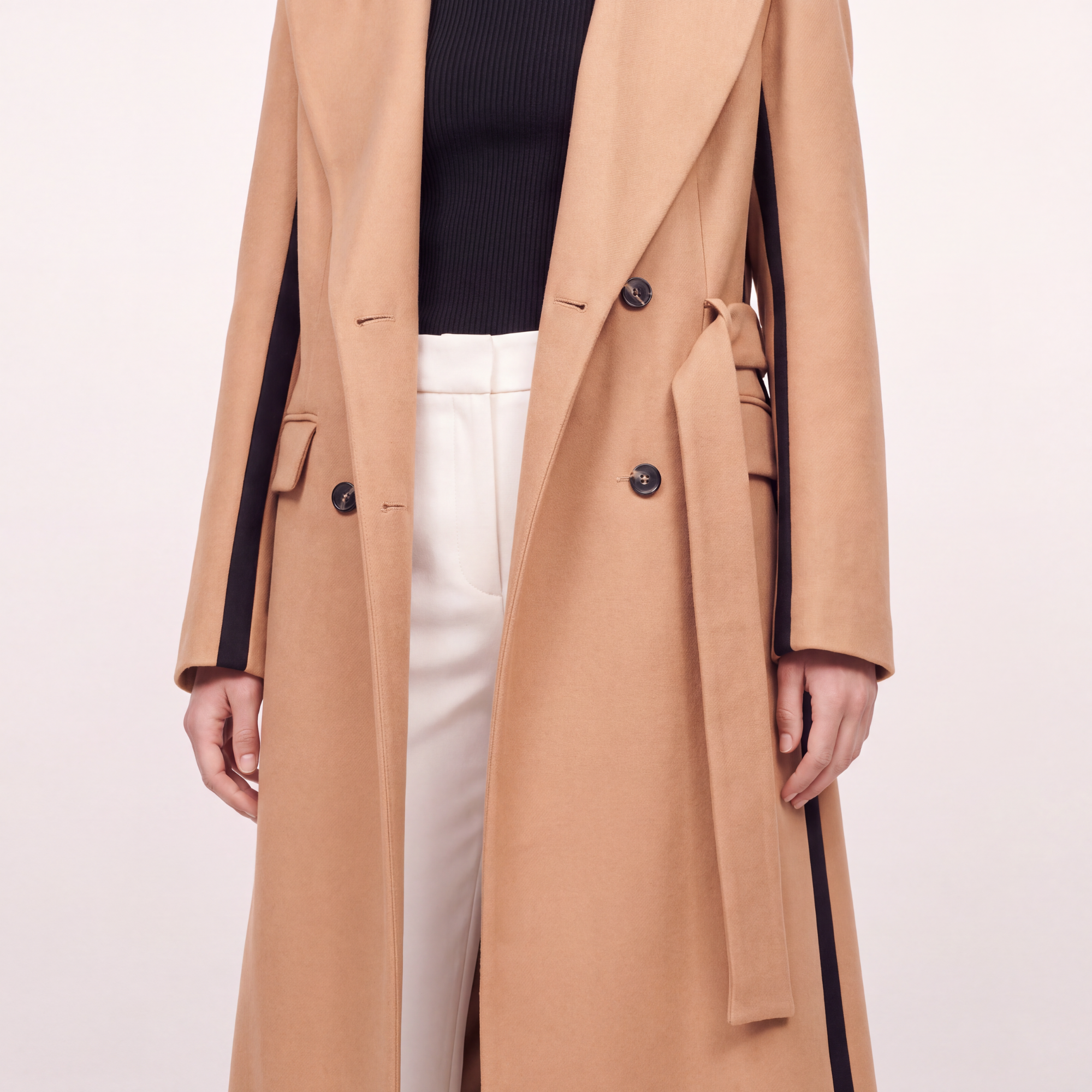 Statement Two-Tone Camel Wrap Coat with Black Contrast Panels
