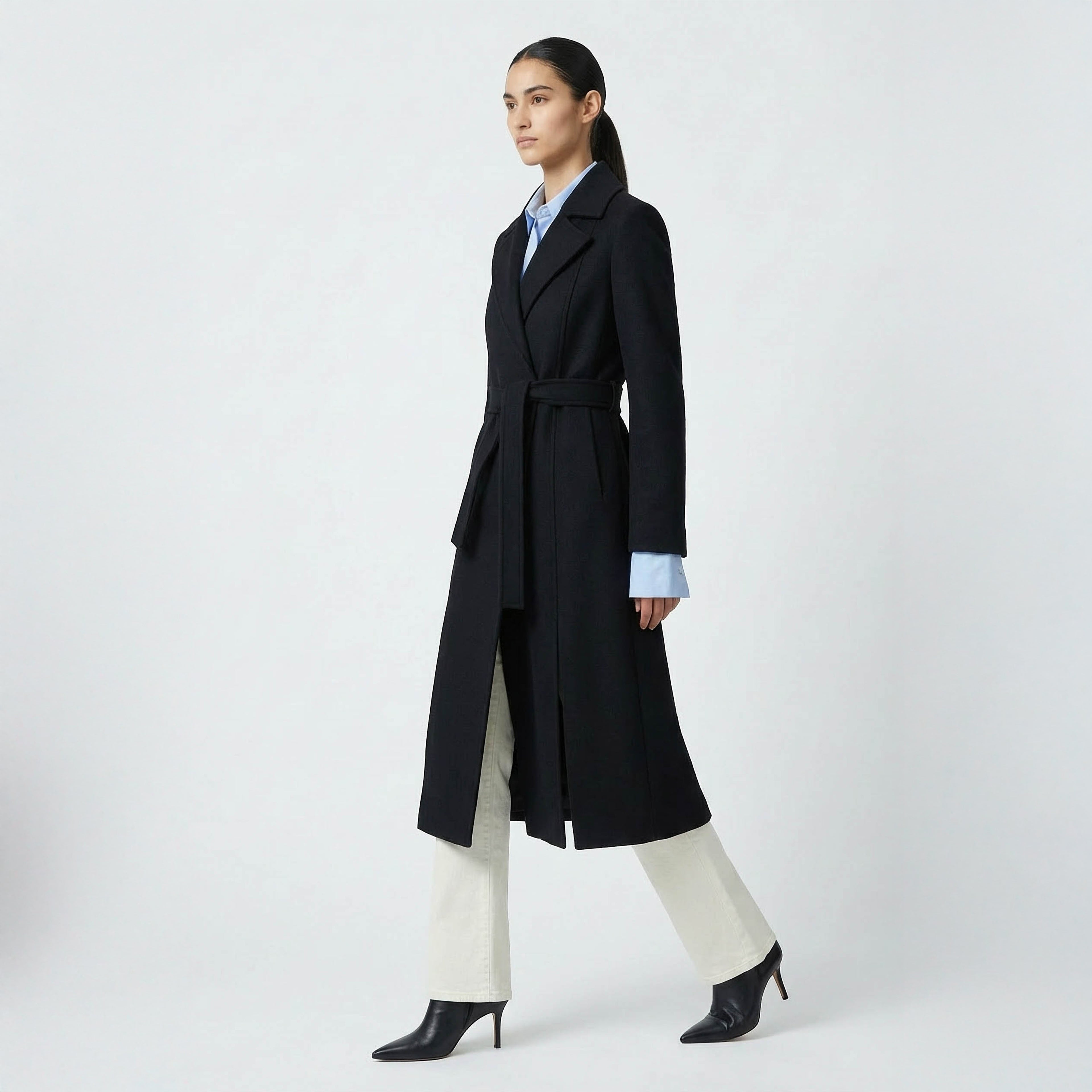 Valoria Wool Blend Coat | Classic Black Belted Outerwear