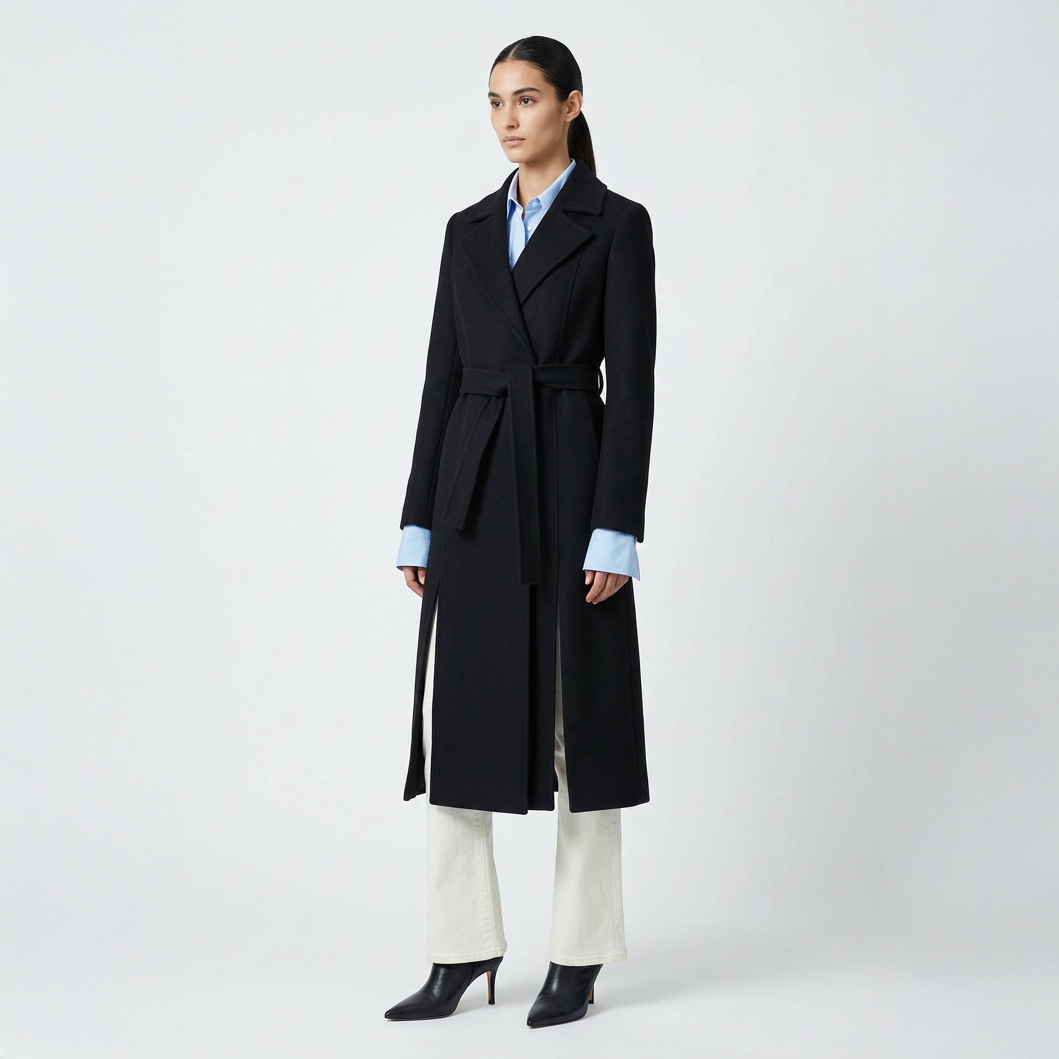 Valoria Wool Blend Coat | Classic Black Belted Outerwear