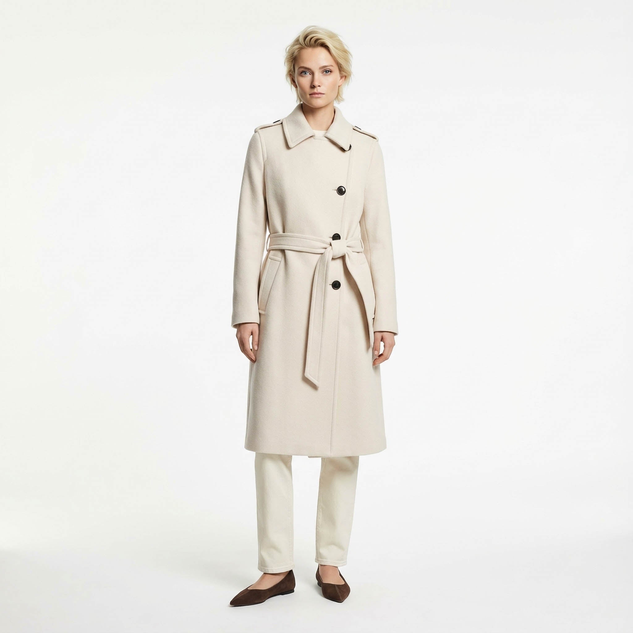 Vellum Premium Wool Rich Belted Midi Coat - Cream / Ecru