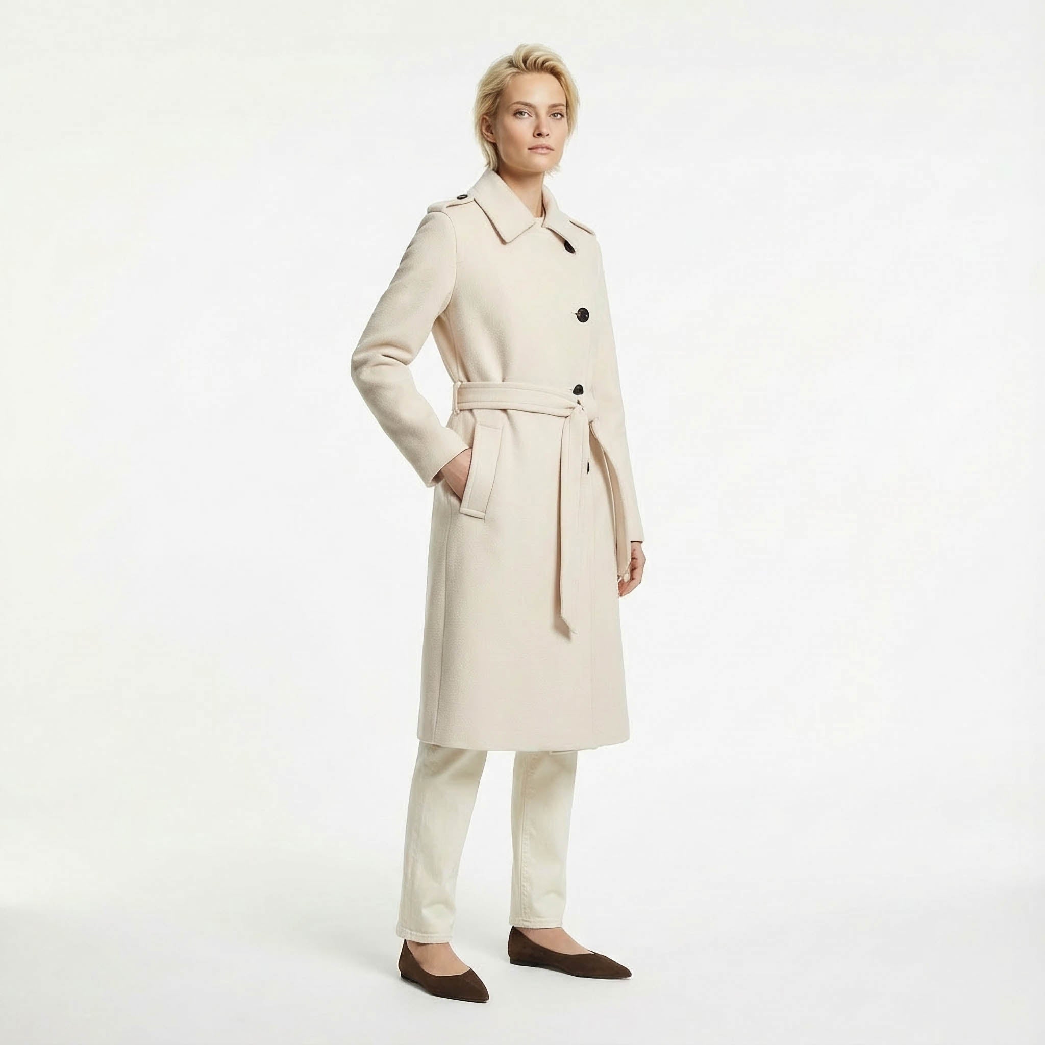 Vellum Premium Wool Rich Belted Midi Coat - Cream / Ecru