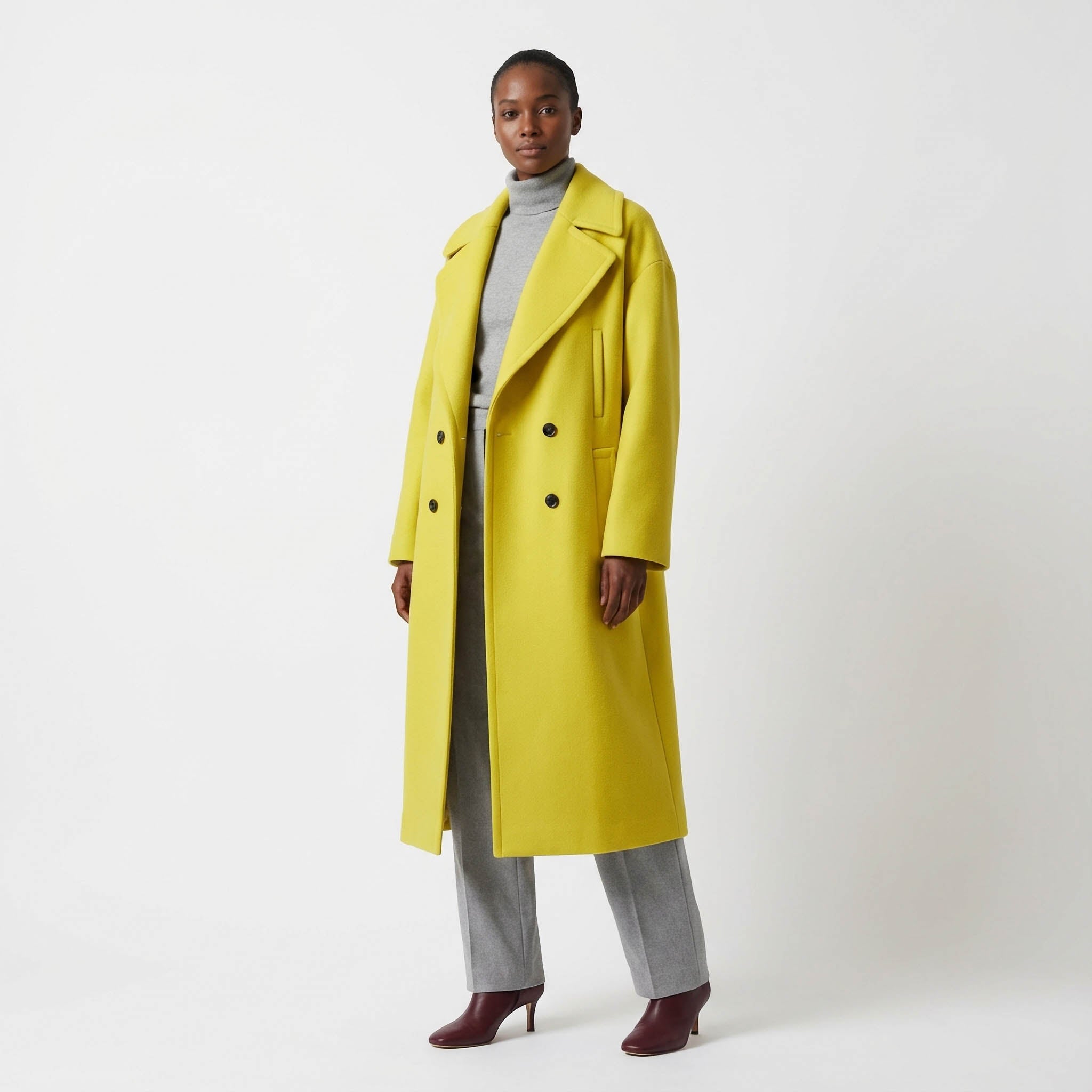 Vibrant Lemon Yellow Double-Breasted Wool Blend Statement Coat