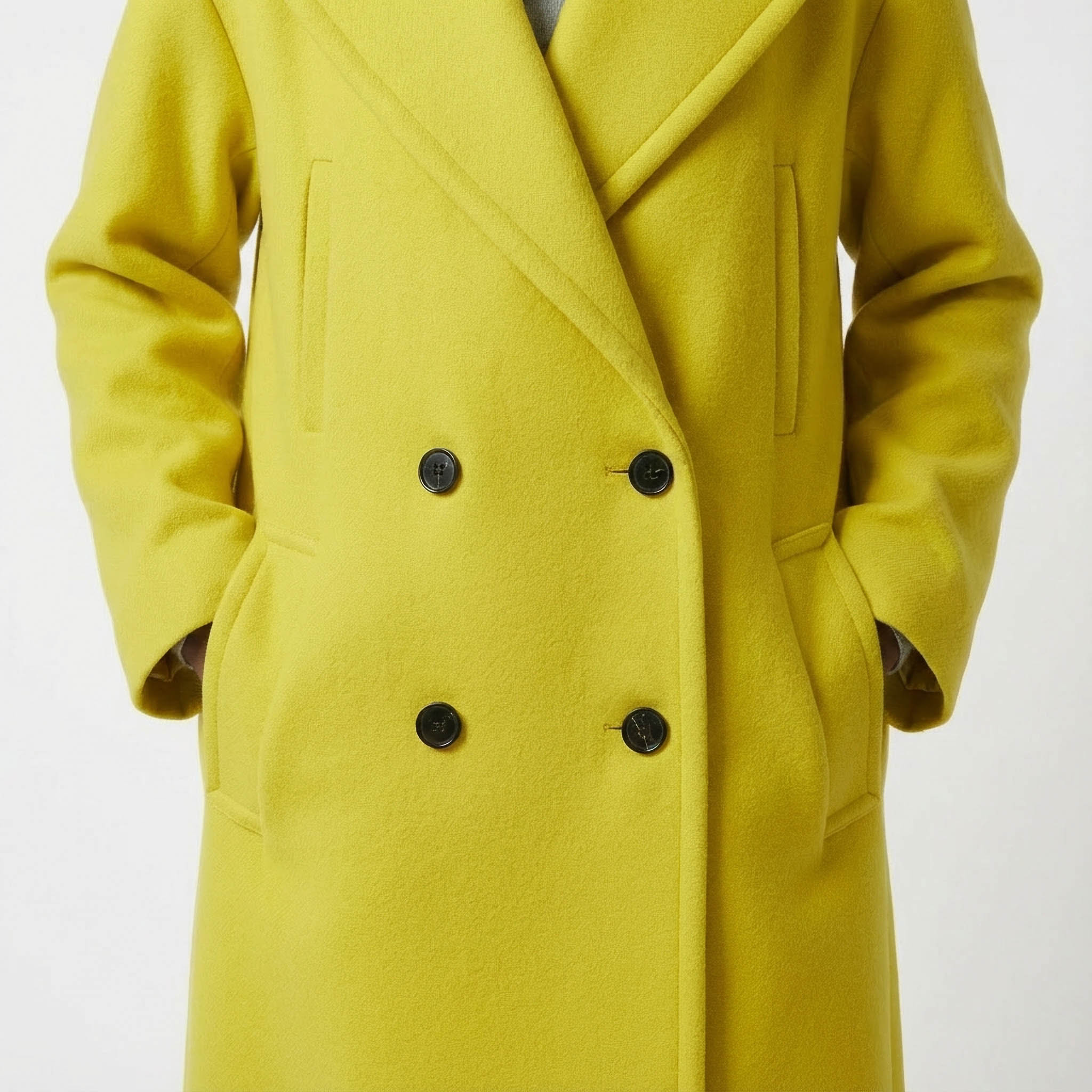 Vibrant Lemon Yellow Double-Breasted Wool Blend Statement Coat