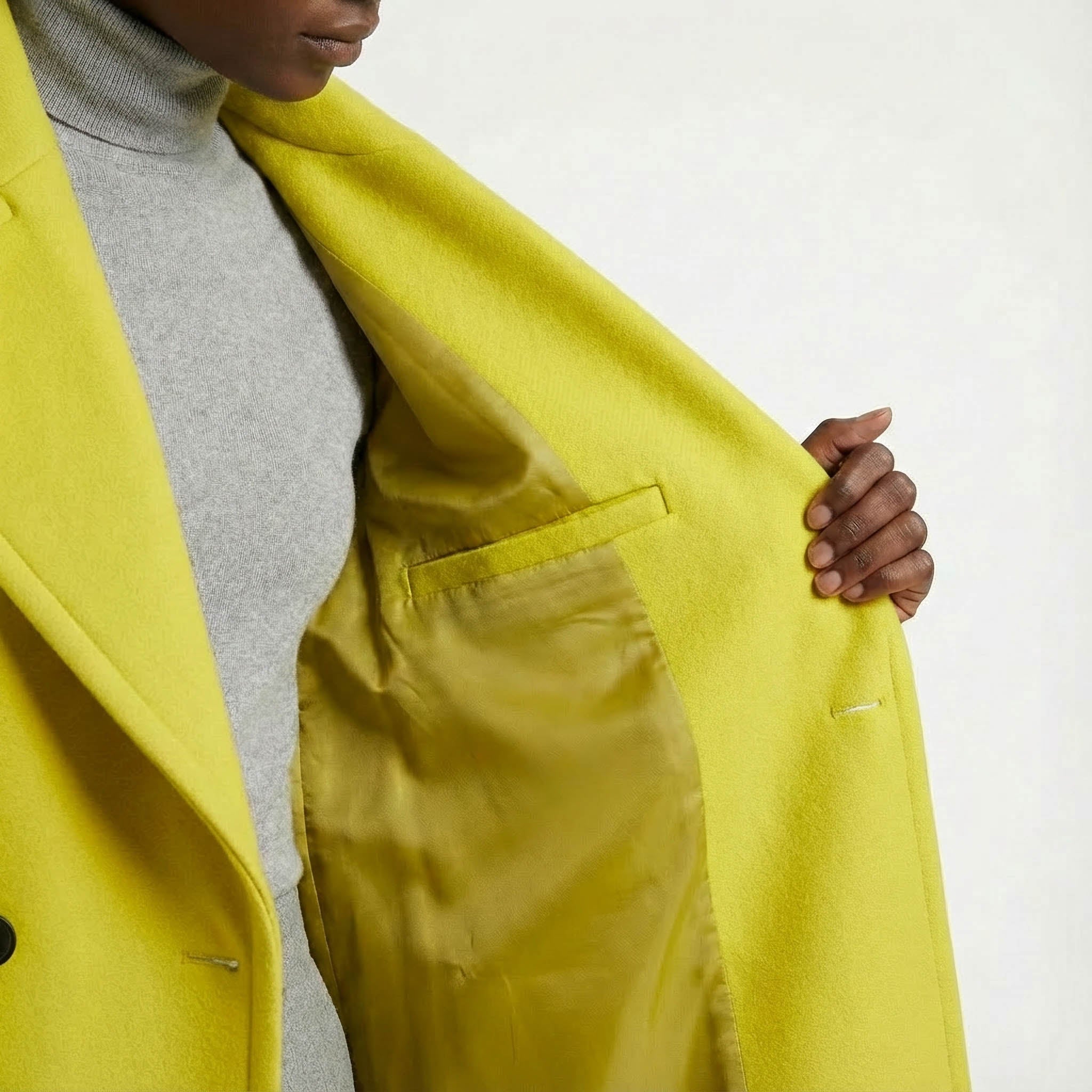 Vibrant Lemon Yellow Double-Breasted Wool Blend Statement Coat