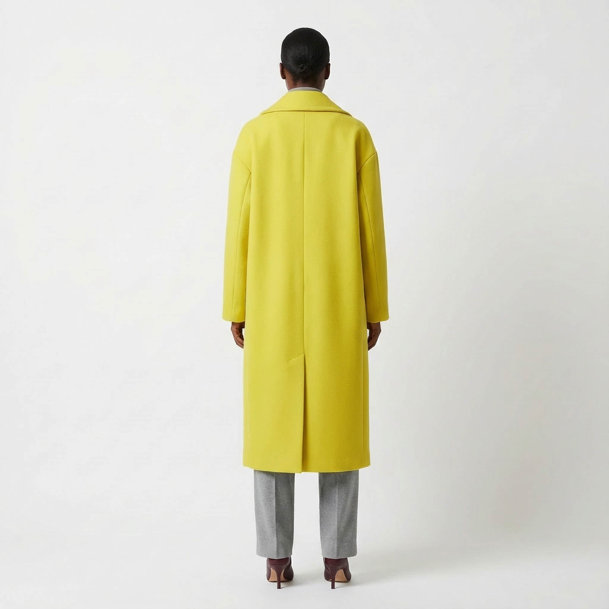 Vibrant Lemon Yellow Double-Breasted Wool Blend Statement Coat