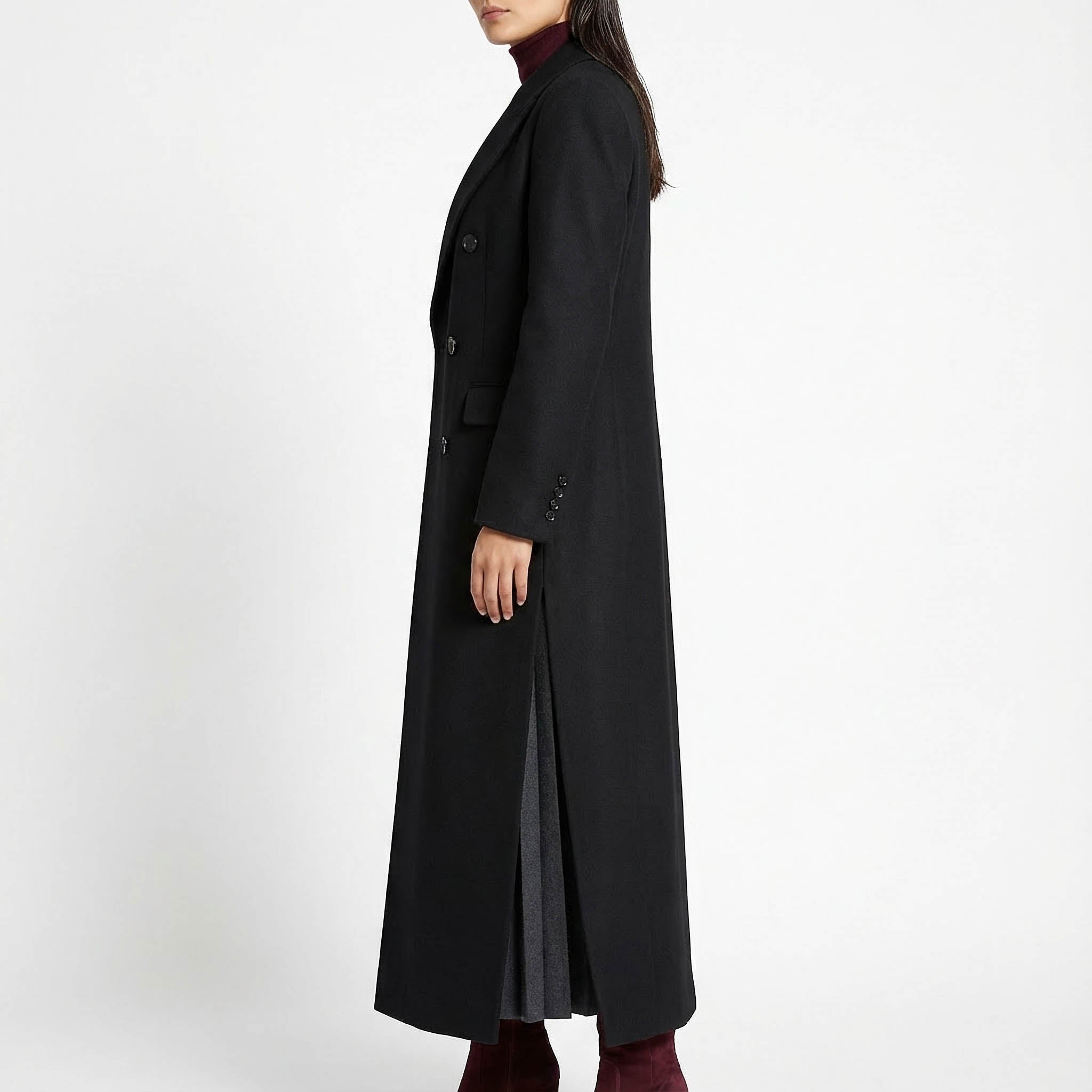 Women's Premium Wool Rich Maxi Coat | Double-Breasted with High Side Slits