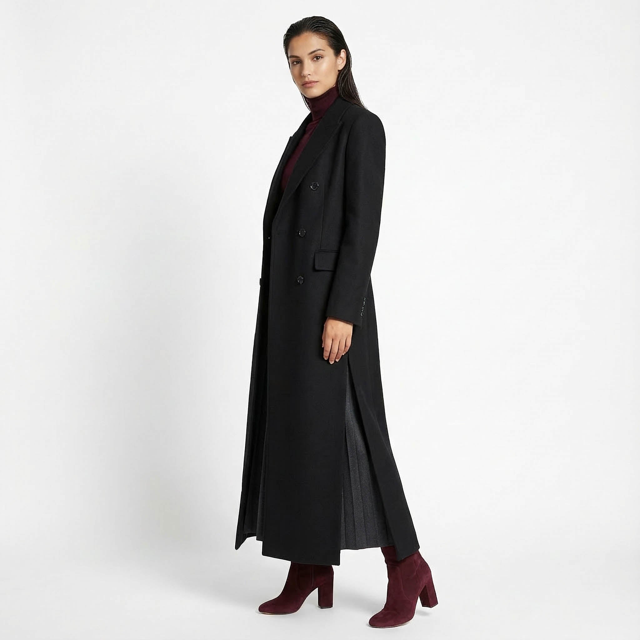 Women's Premium Wool Rich Maxi Coat | Double-Breasted with High Side Slits
