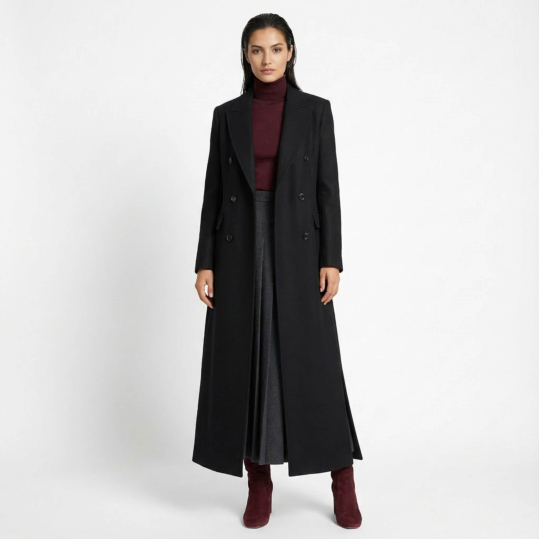 Women's Premium Wool Rich Maxi Coat | Double-Breasted with High Side Slits