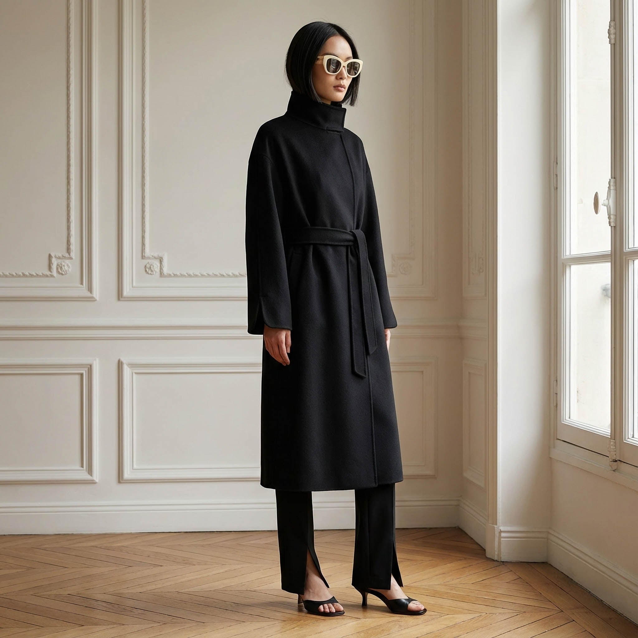 Cricket-Mantel aus reinem Kaschmir in Schwarz | Stehkragen &amp; Gürtel