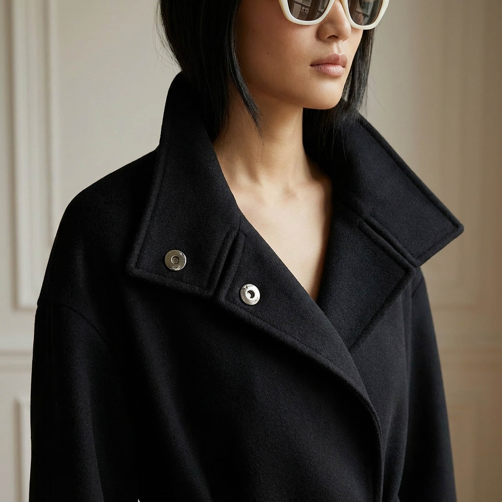 Cricket Black Pure Cashmere Coat | Funnel Collar & Belted Design