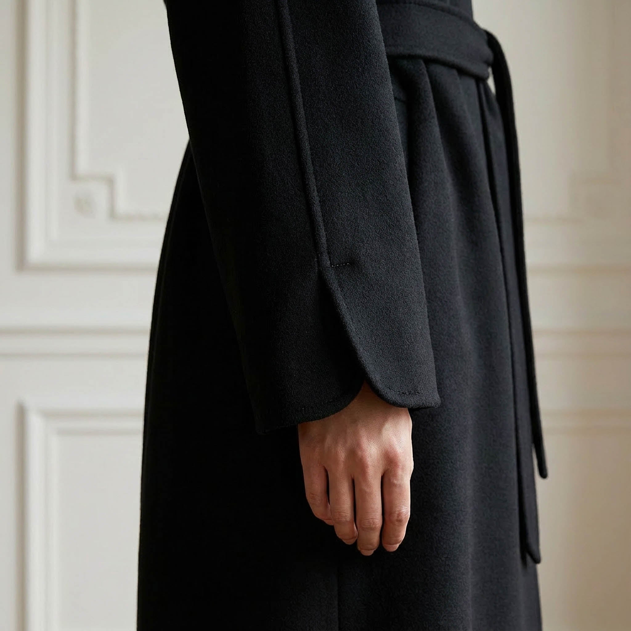 Cricket Black Pure Cashmere Coat | Funnel Collar & Belted Design