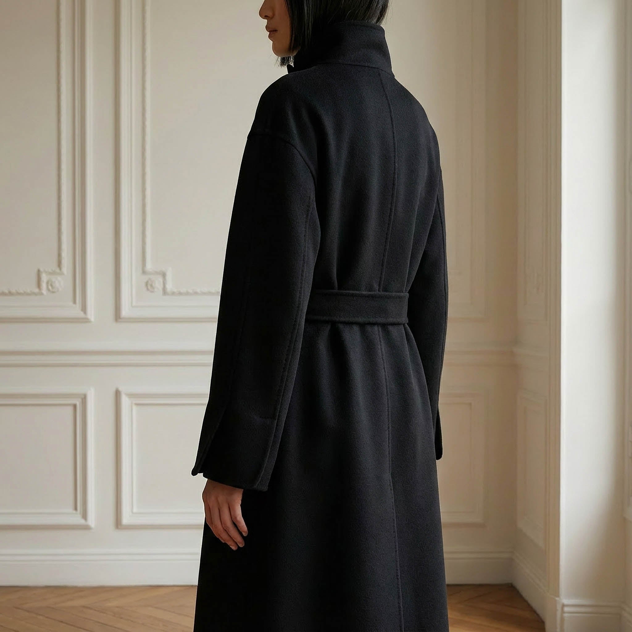Cricket Black Pure Cashmere Coat | Funnel Collar & Belted Design