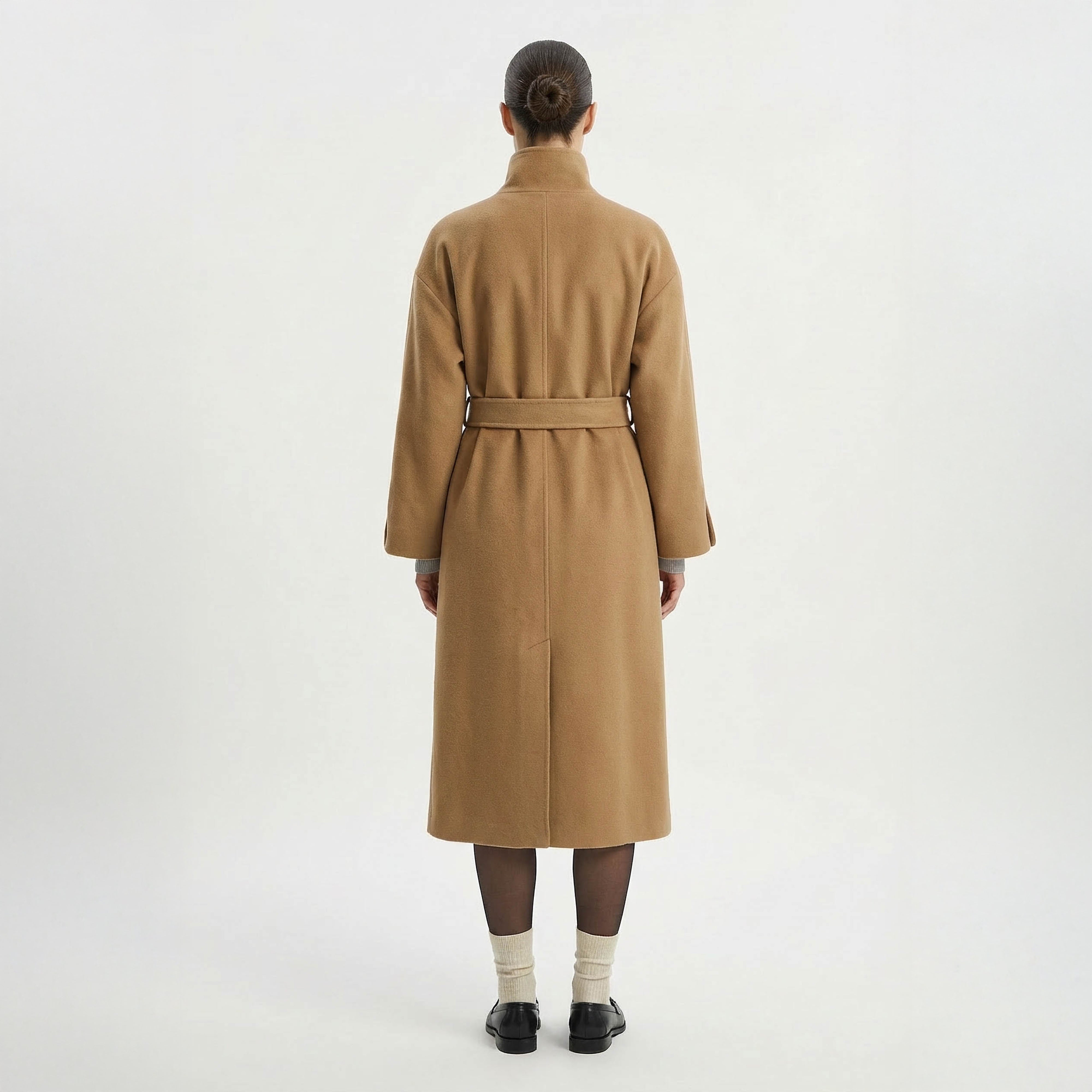 Cricket Cashmere Coat | Luxury Camel Wrap Coat with Stand Collar