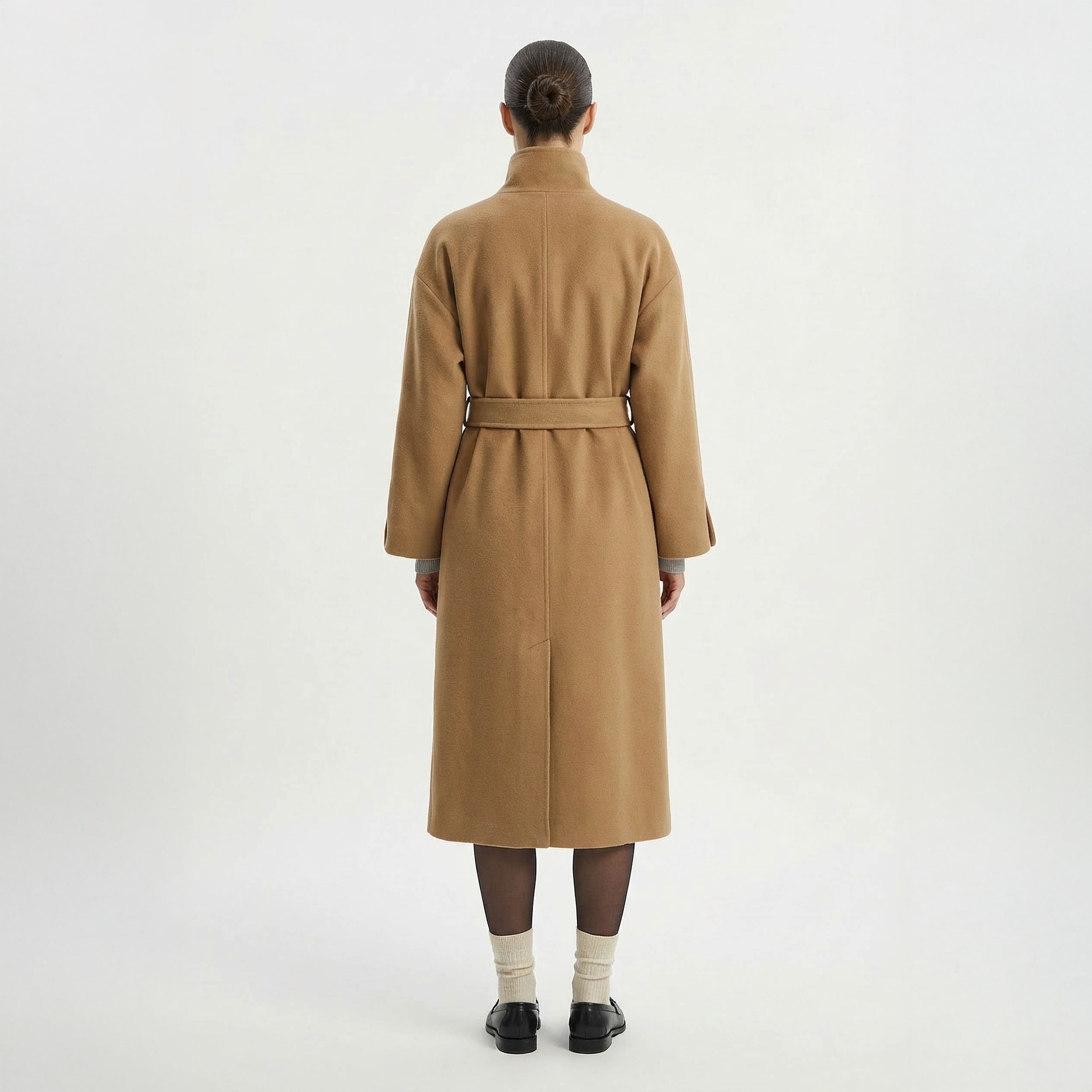 Cricket Cashmere Coat | Luxury Camel Wrap Coat with Stand Collar
