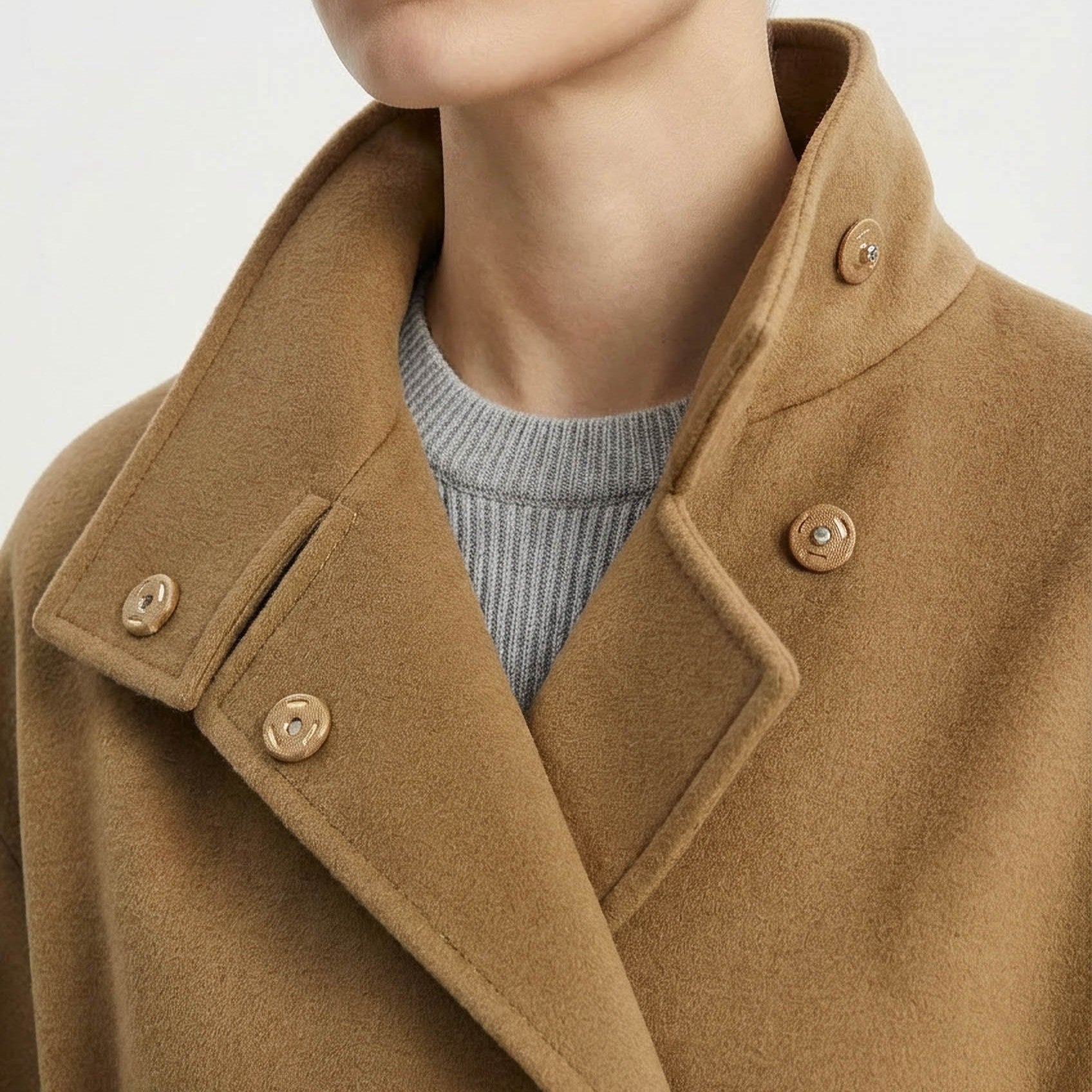 Cricket Cashmere Coat | Luxury Camel Wrap Coat with Stand Collar