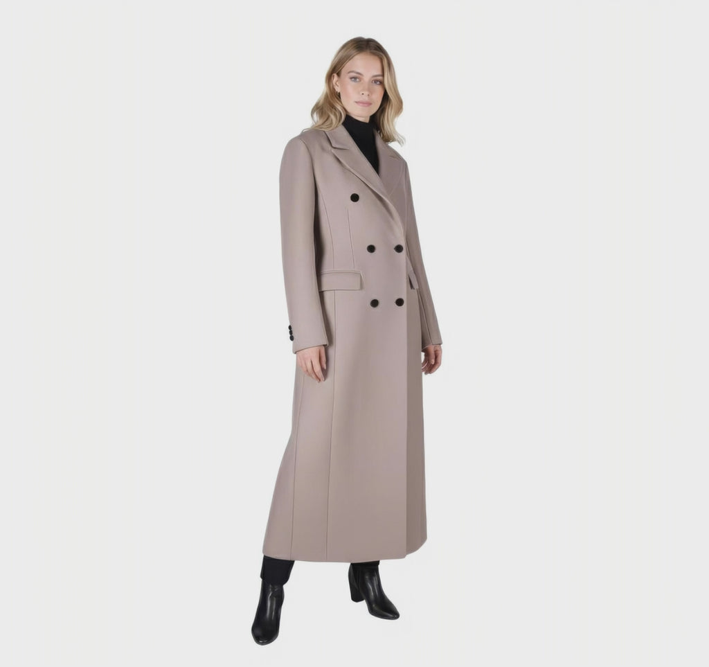 Elegant Double-Breasted Maxi Wool Blend Coat in Taupe/Camel