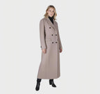 Elegant Double-Breasted Maxi Wool Blend Coat in Taupe/Camel