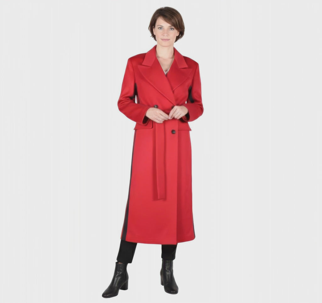 Striking Two-Tone Red Wrap Coat with Black Contrast Side Panels