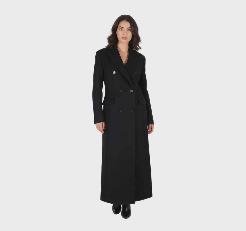 Dramatic Maxi Length Black Double-Breasted Premium Wool Coat