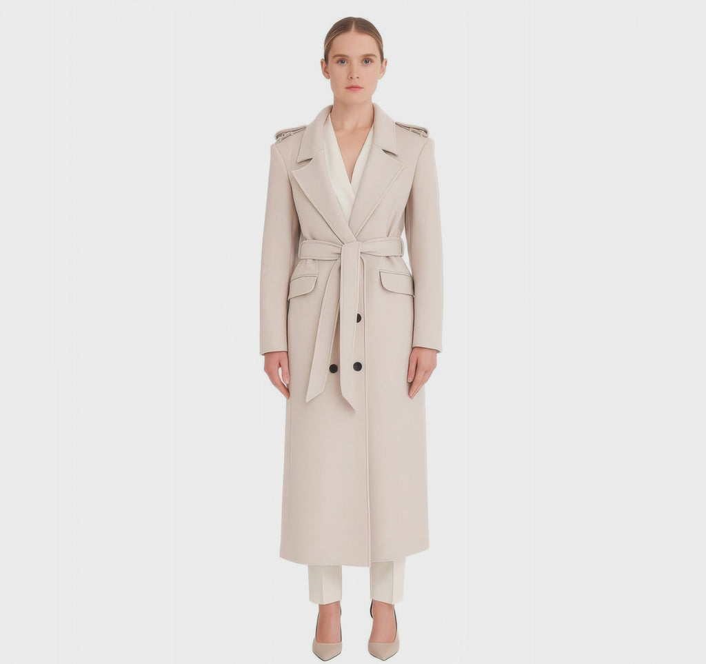 Classic Military-Detail Belted Wool-Cashmere Blend Coat in Light Beige