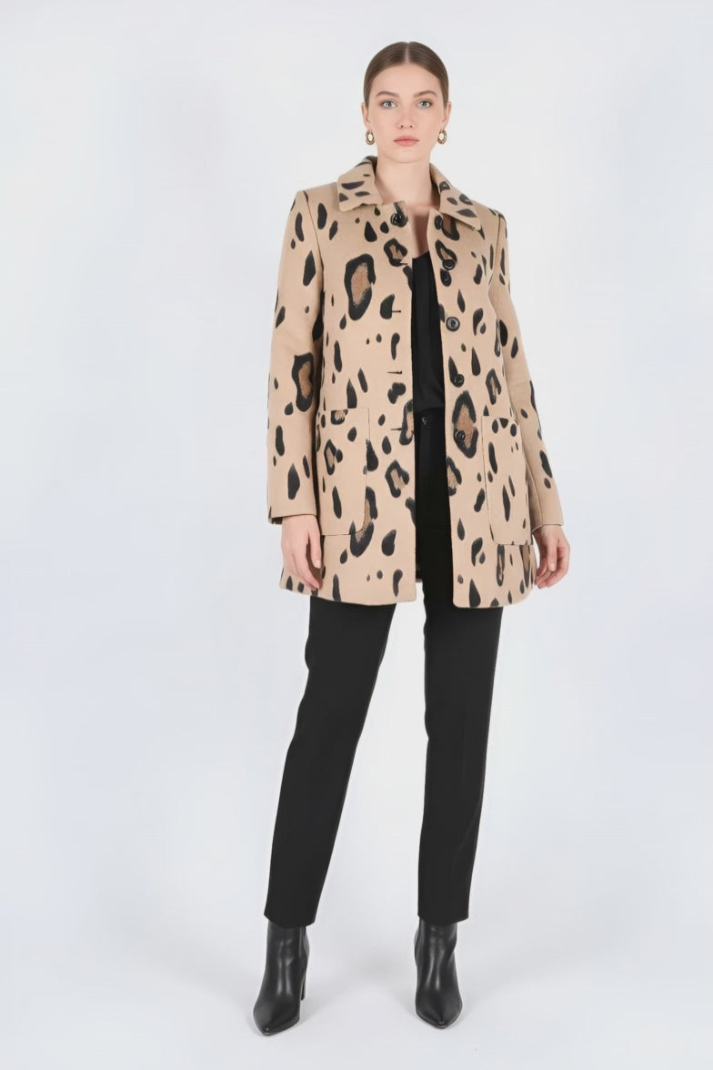 Chic Leopard Print Wool Blend Mini Coat / Structured Jacket