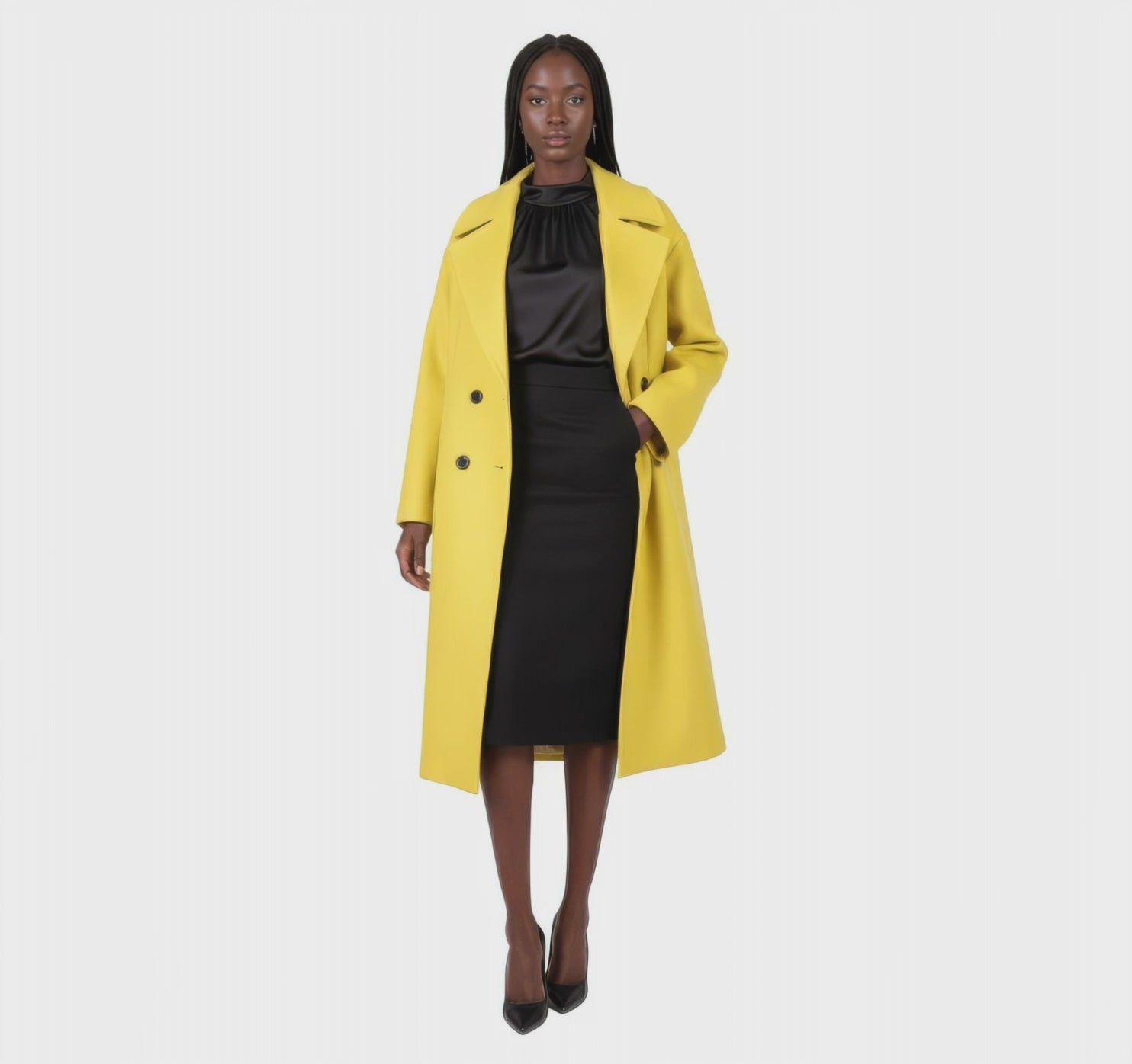 Vibrant Lemon Yellow Double-Breasted Wool Blend Statement Coat