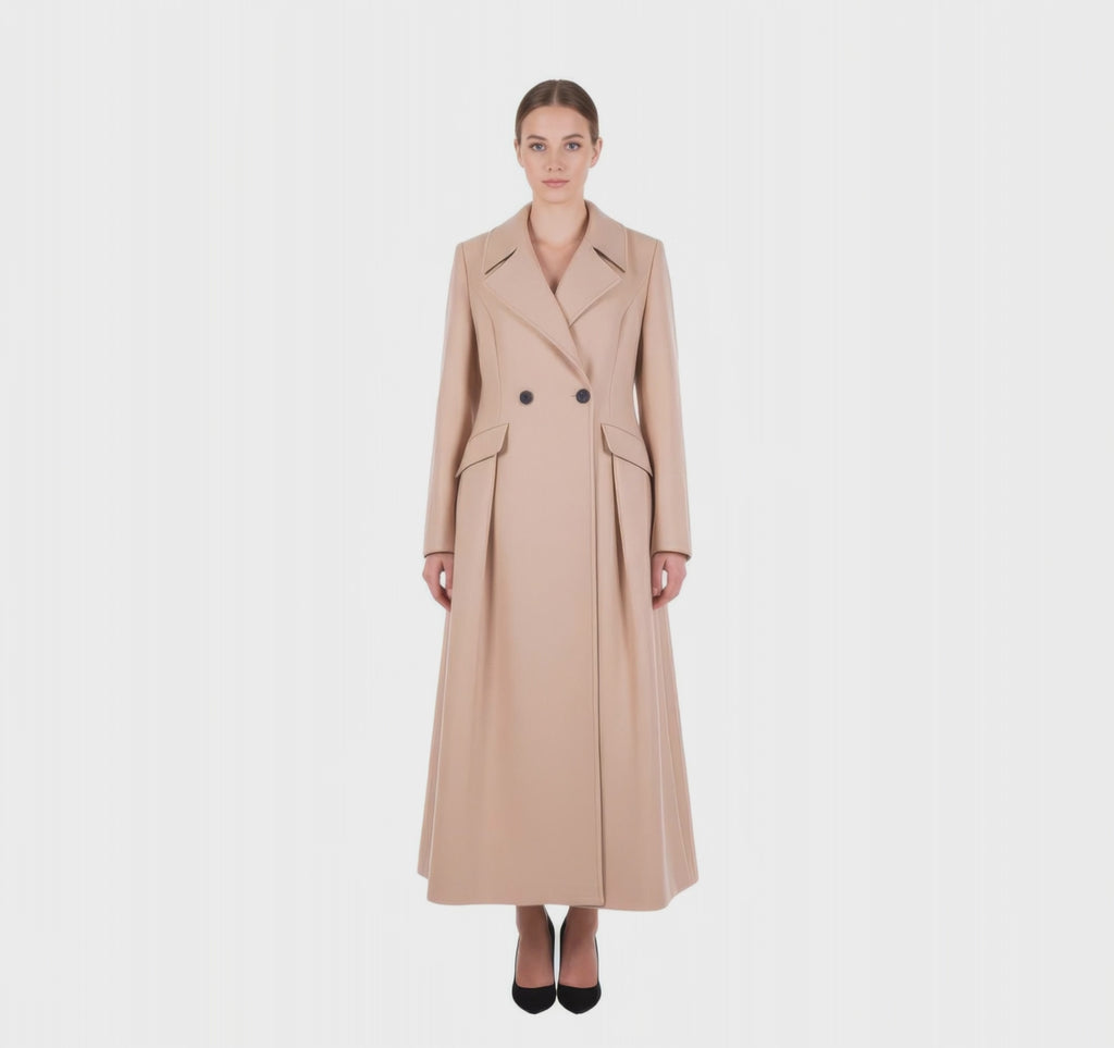 Dramatic Pleated A-Line Maxi Coat in Luxury Wool Blend