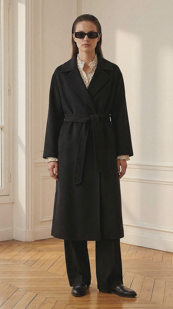 Clara Premium Puhdas Kasmir Musta Takki | Naisten Pitkä Vyötäröllä Solmittava Kietaisutakki