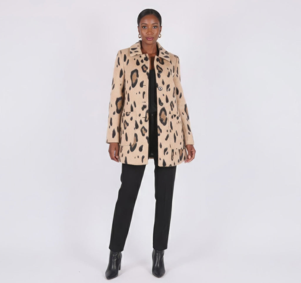 Chic Leopard Print Wool Blend Mini Coat / Structured Jacket