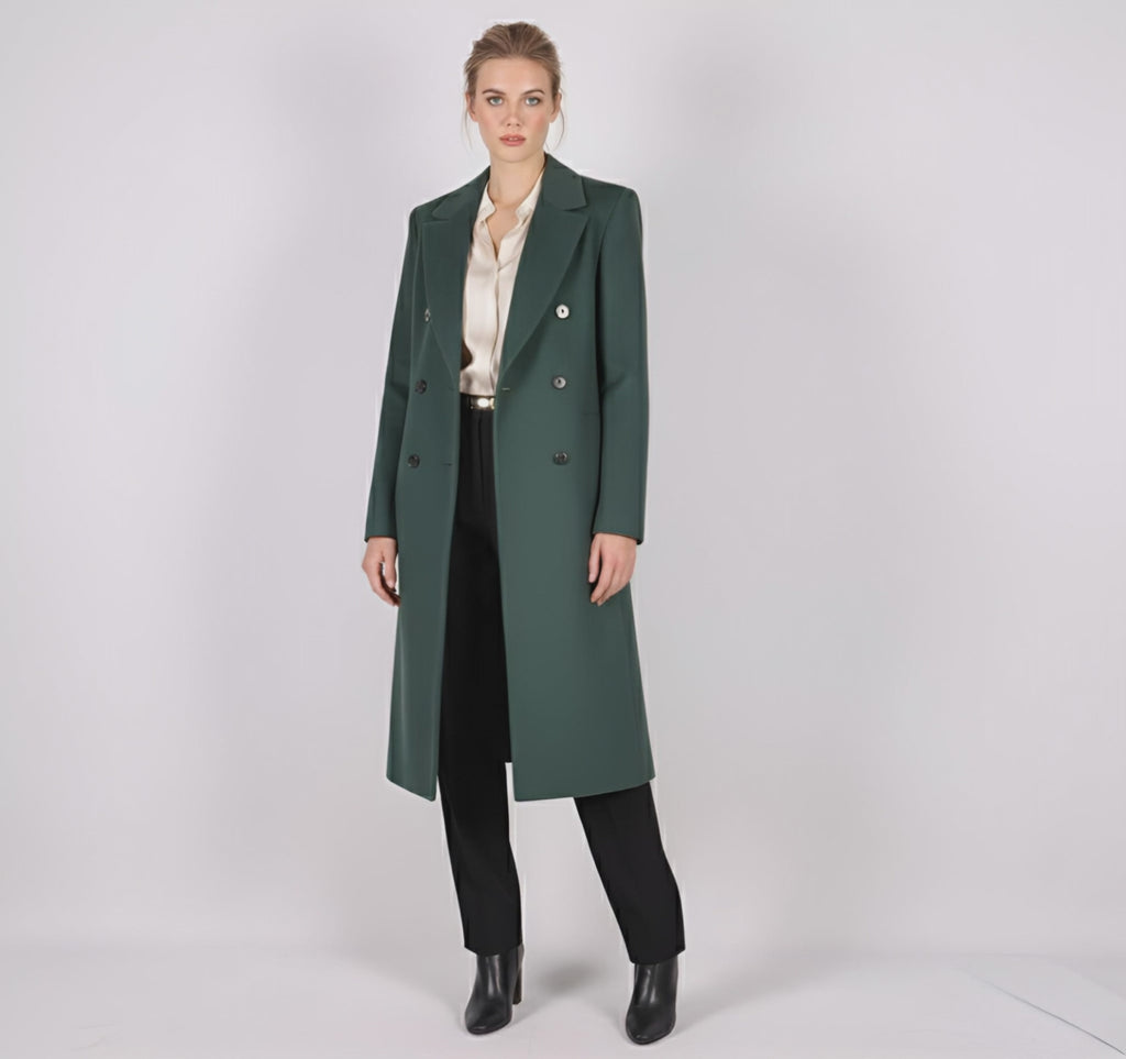 Tailored Emerald Green Double-Breasted Wool Blend Coat