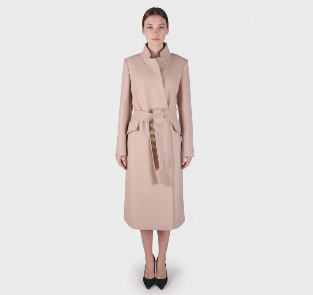 Classic Camel Wool Wrap Coat with Belt